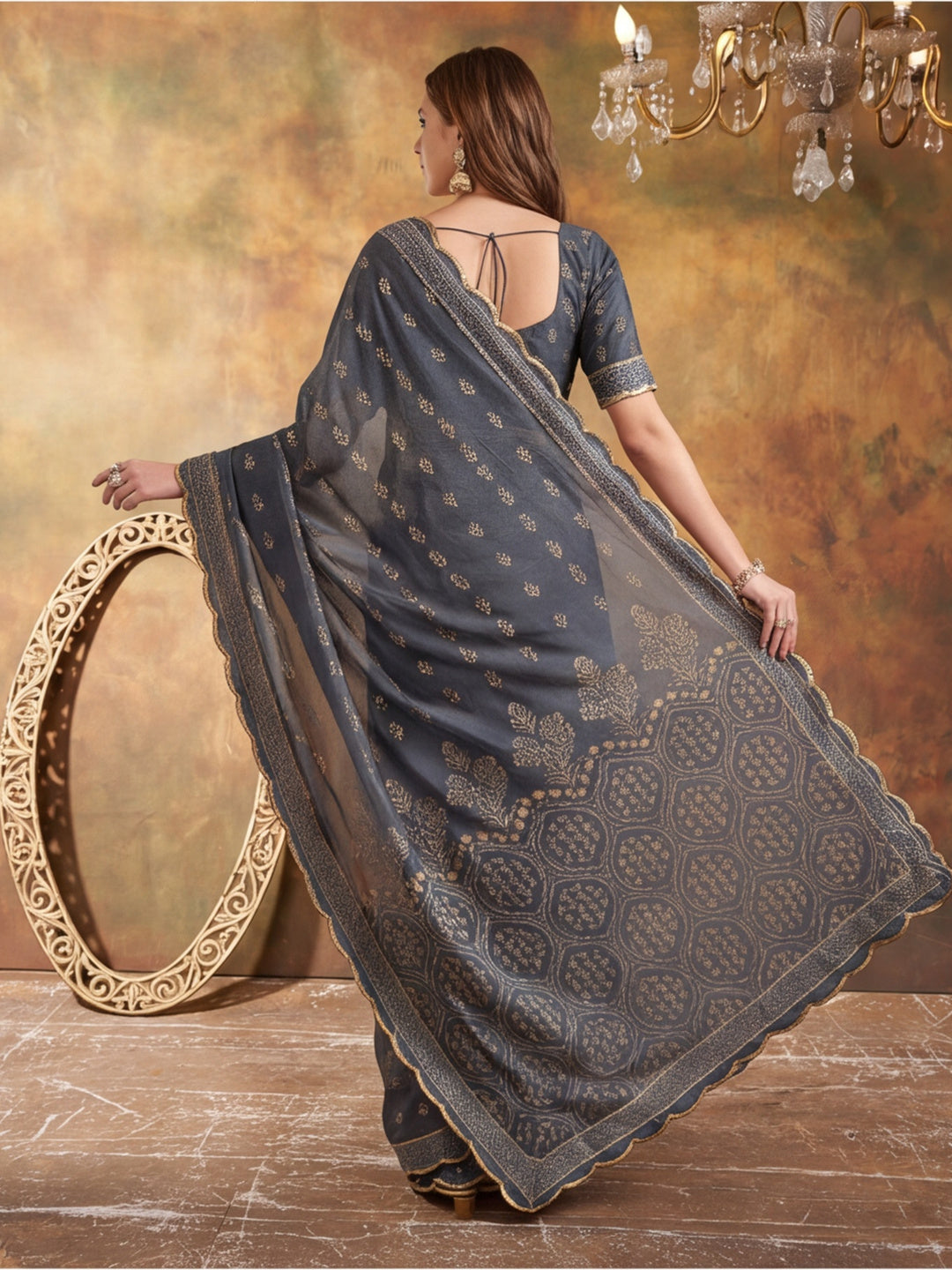 Women Lightweight Printed Beautiful Mirror Work Border Saree With Unstitched Blouse Piece