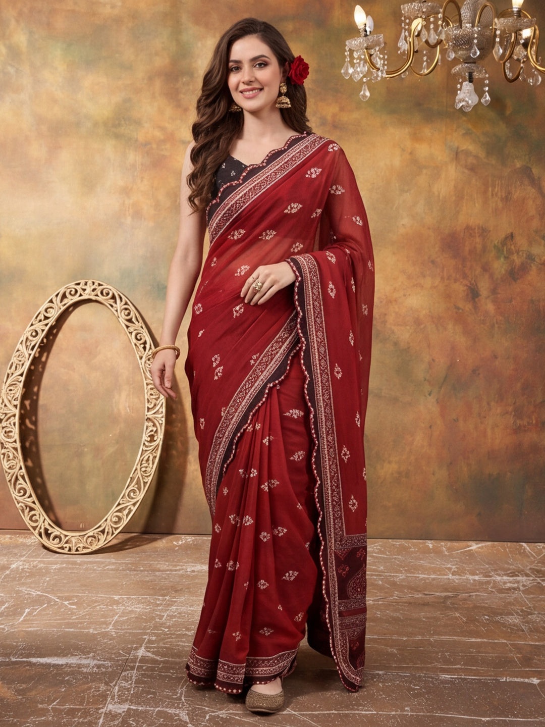 Women Lightweight Printed Beautiful Mirror Work Border Saree With Unstitched Blouse Piece