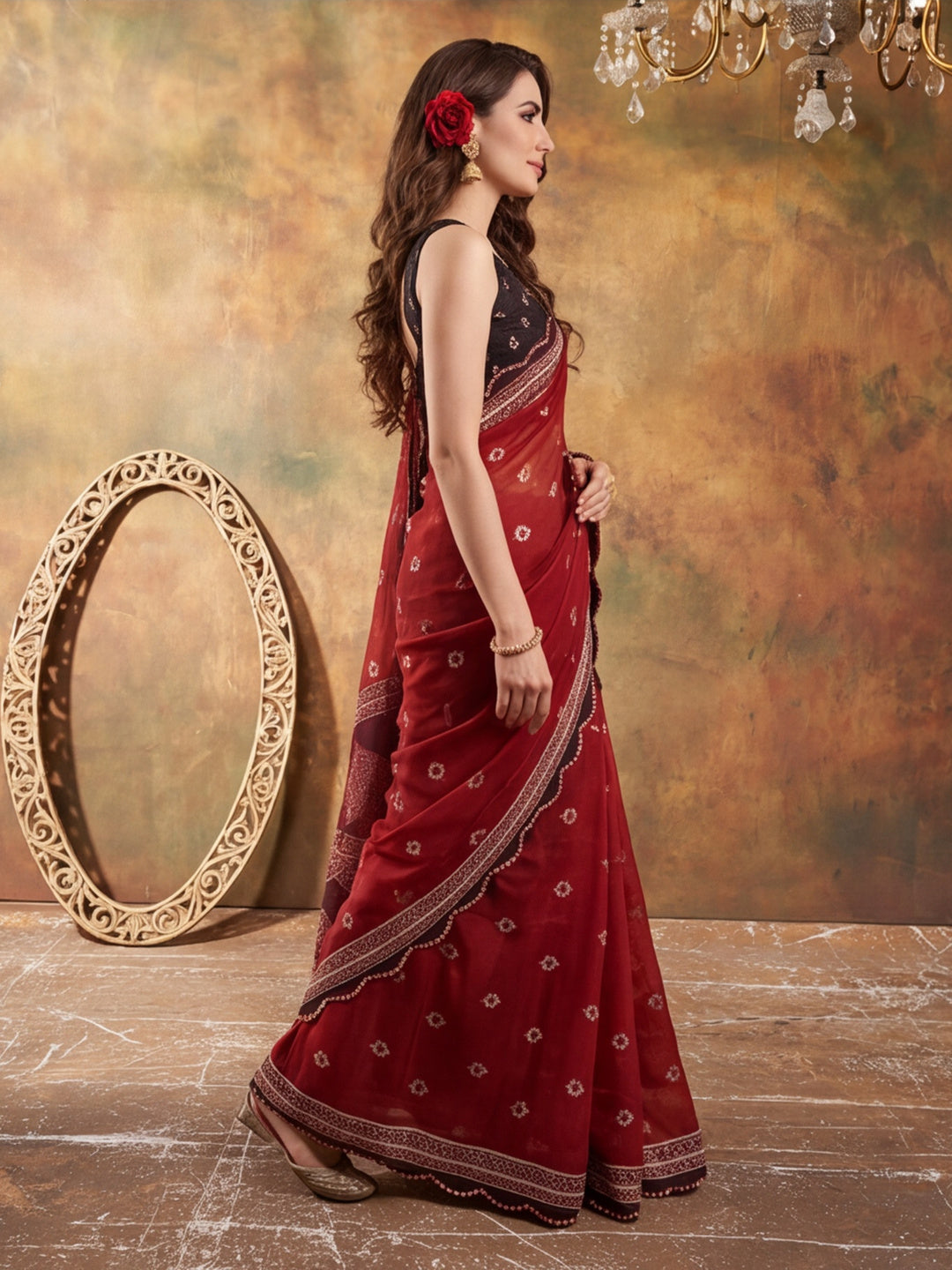 Women Lightweight Printed Beautiful Mirror Work Border Saree With Unstitched Blouse Piece
