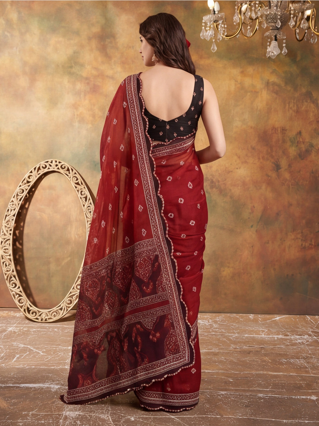 Women Lightweight Printed Beautiful Mirror Work Border Saree With Unstitched Blouse Piece