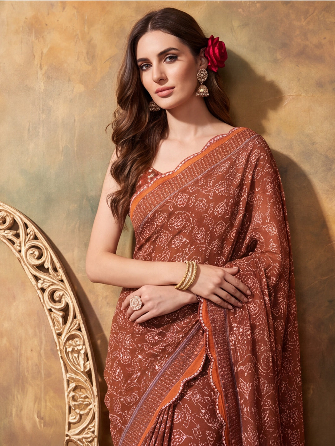 Women Lightweight Printed Beautiful Mirror Work Border Saree With Unstitched Blouse Piece