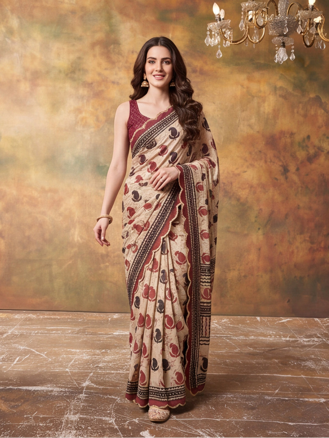 Women Lightweight Printed Beautiful Mirror Work Border Saree With Unstitched Blouse Piece
