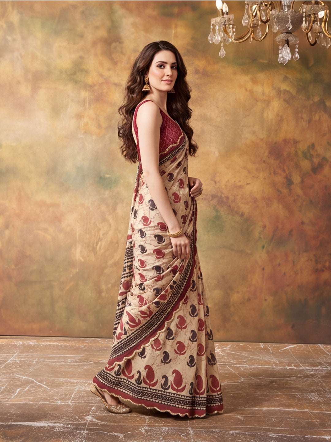 Women Lightweight Printed Beautiful Mirror Work Border Saree With Unstitched Blouse Piece