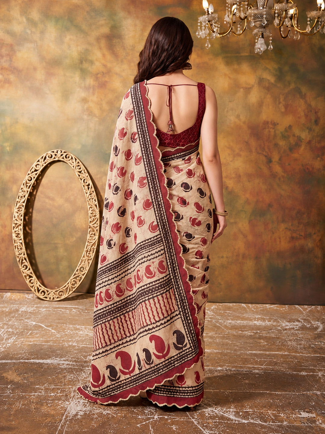 Women Lightweight Printed Beautiful Mirror Work Border Saree With Unstitched Blouse Piece