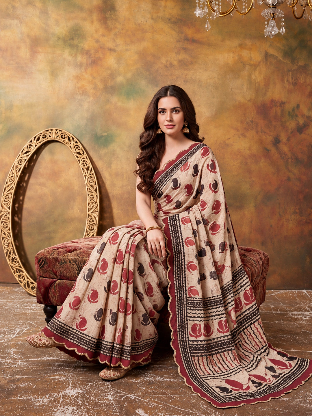 Women Lightweight Printed Beautiful Mirror Work Border Saree With Unstitched Blouse Piece
