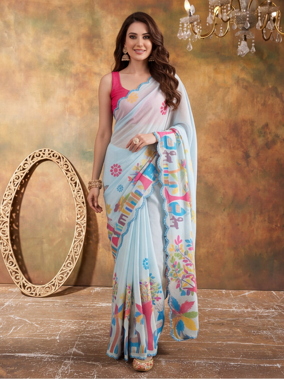 Women Lightweight Printed Beautiful Mirror Work Border Saree With Unstitched Blouse Piece