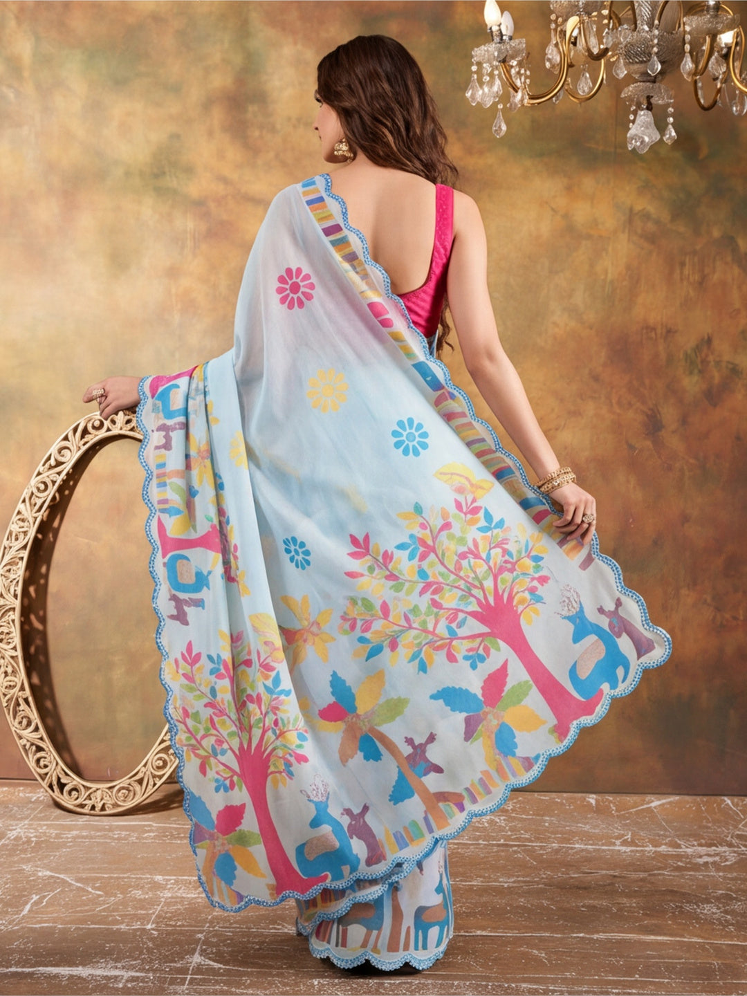 Women Lightweight Printed Beautiful Mirror Work Border Saree With Unstitched Blouse Piece