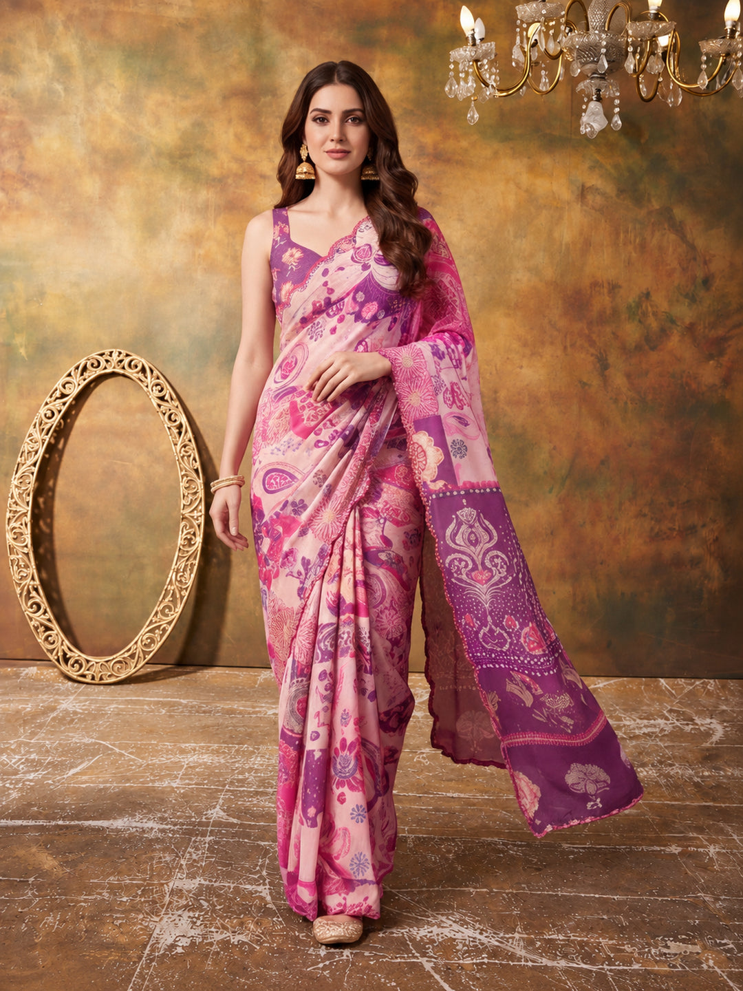 Women Lightweight Printed Beautiful Mirror Work Border Saree With Unstitched Blouse Piece