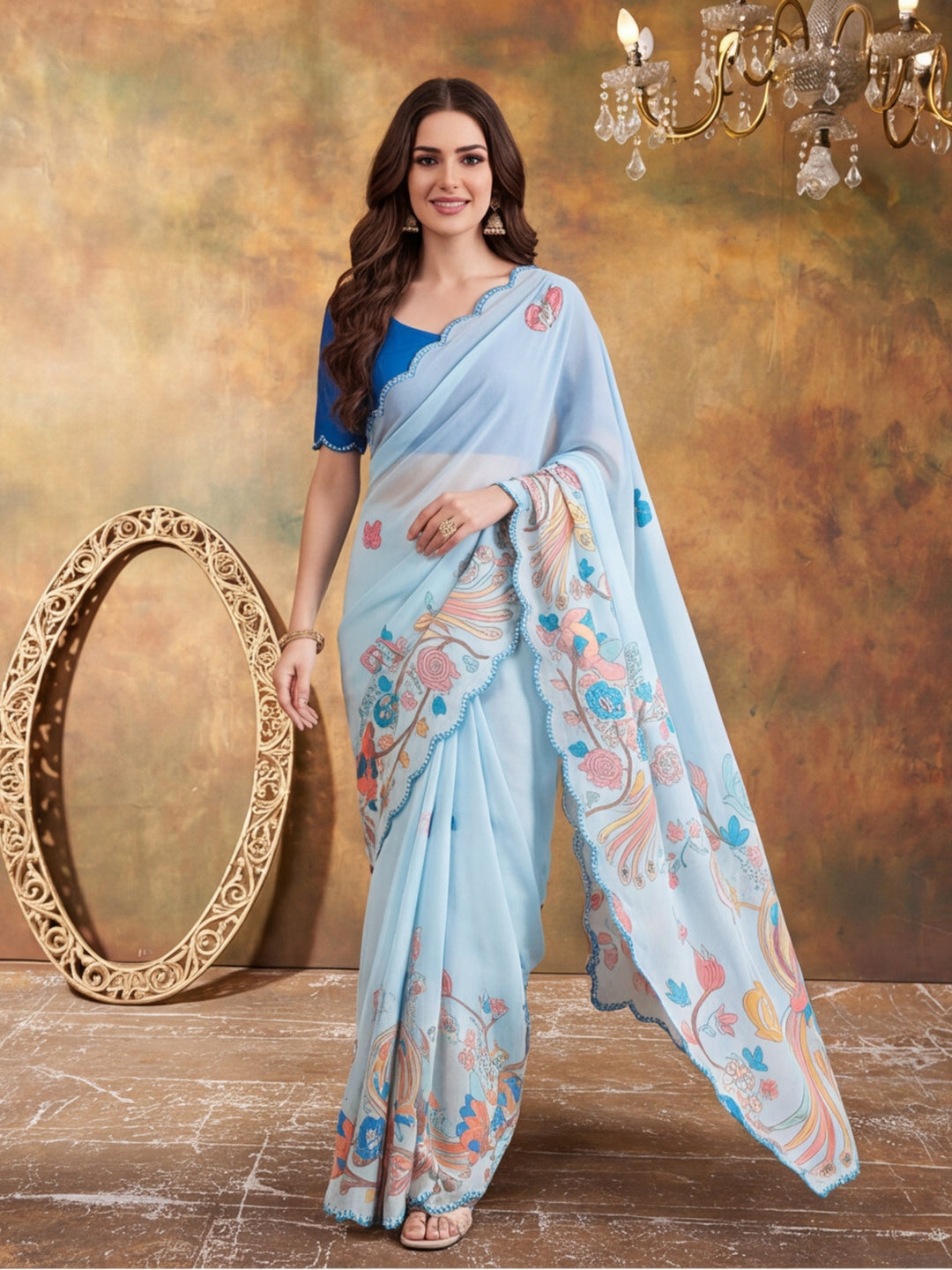 Women Lightweight Printed Beautiful Mirror Work Border Saree With Unstitched Blouse Piece