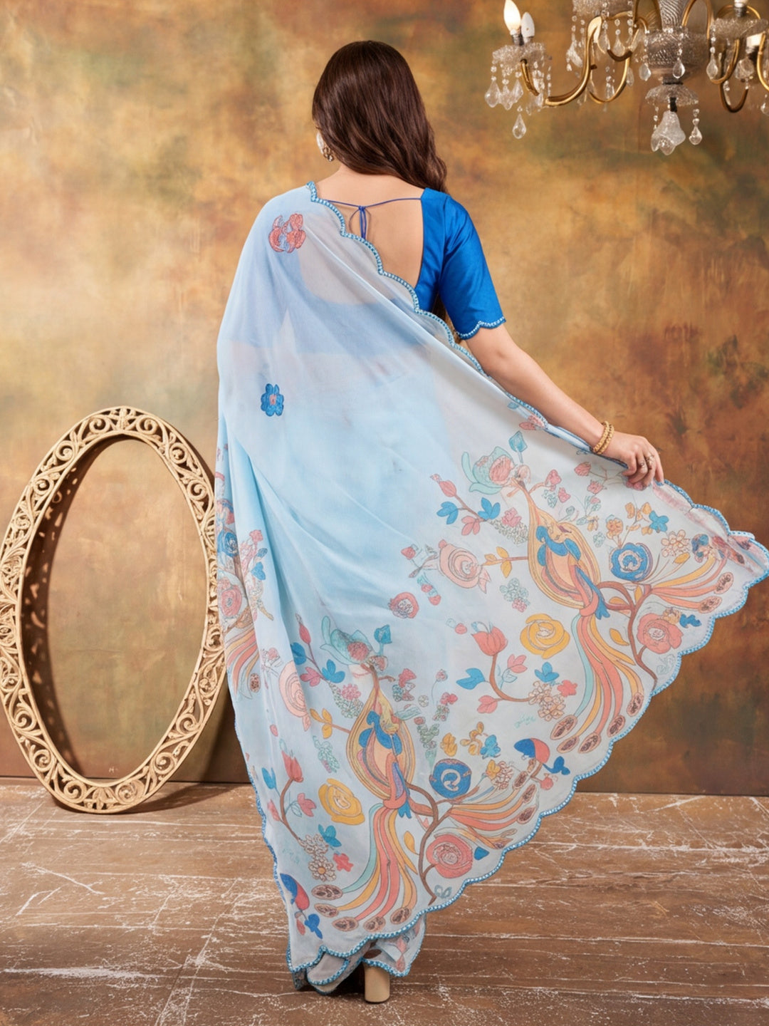 Women Lightweight Printed Beautiful Mirror Work Border Saree With Unstitched Blouse Piece