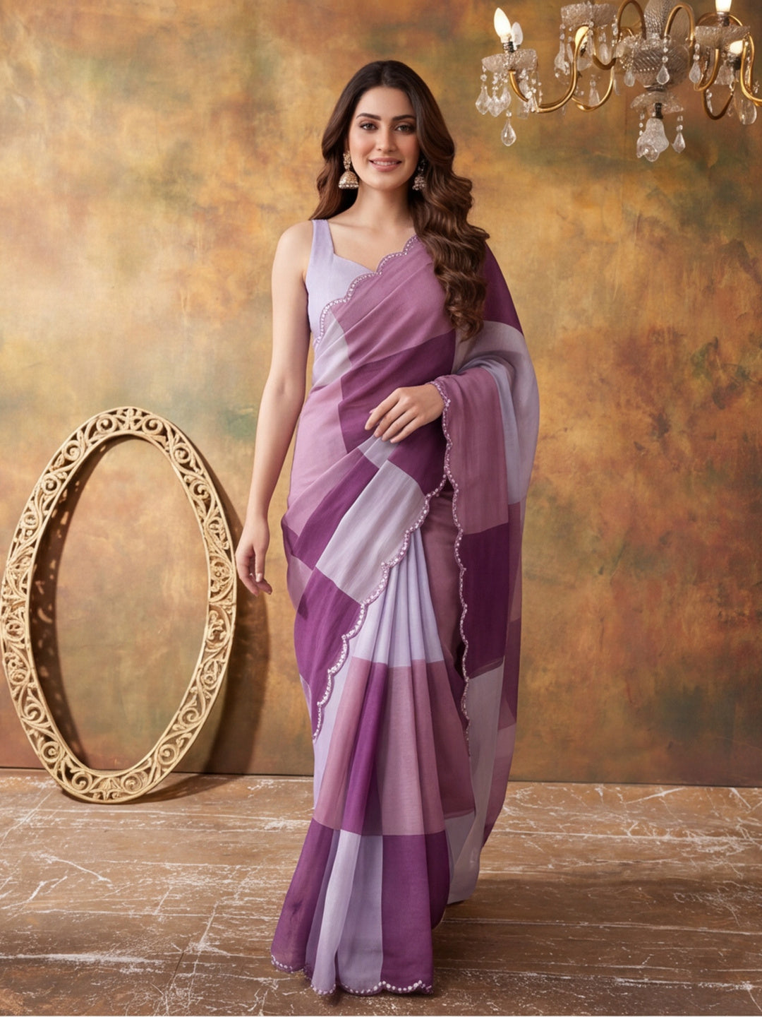 Women Lightweight Printed Beautiful Mirror Work Border Saree With Unstitched Blouse Piece