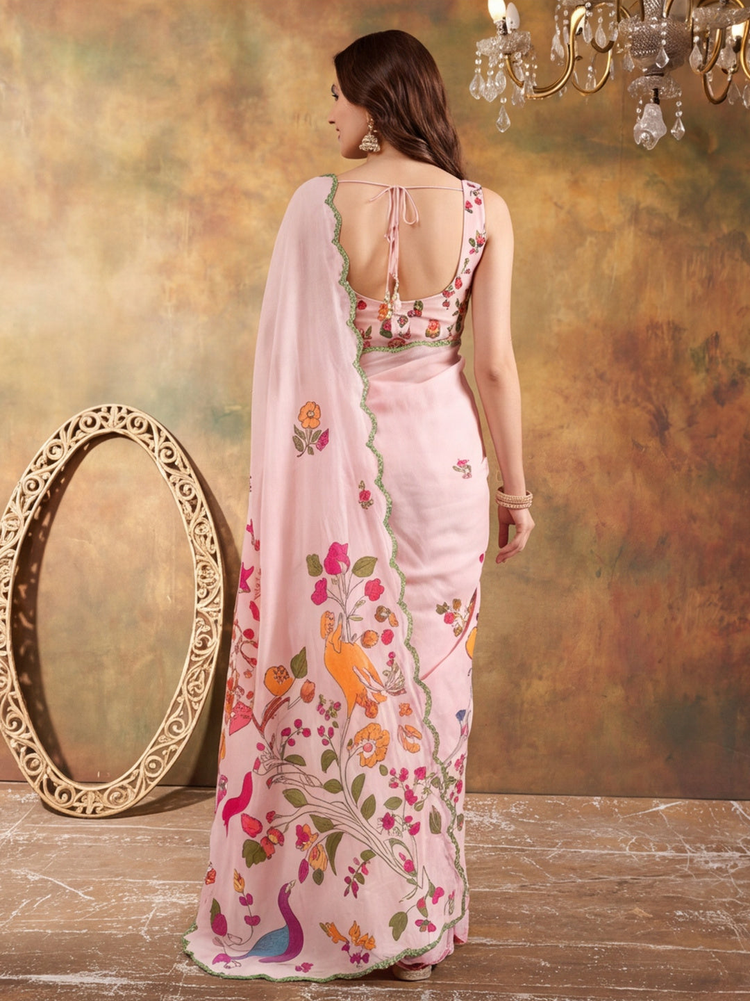 Women Lightweight Printed Beautiful Mirror Work Border Saree With Unstitched Blouse Piece