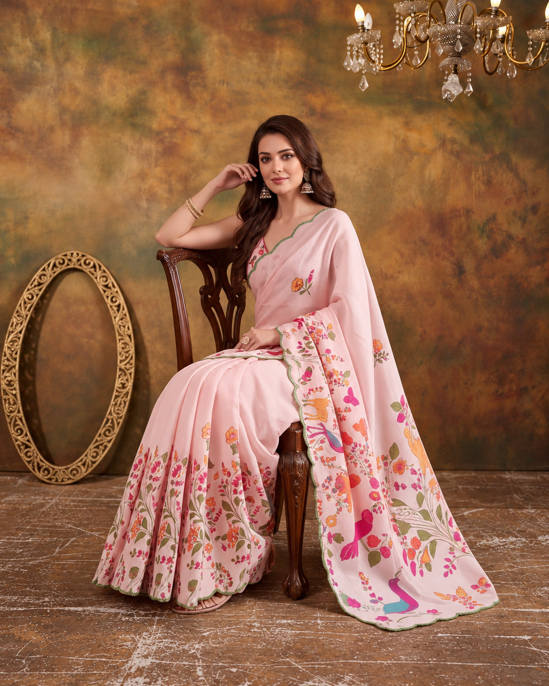 Women Lightweight Printed Beautiful Mirror Work Border Saree With Unstitched Blouse Piece