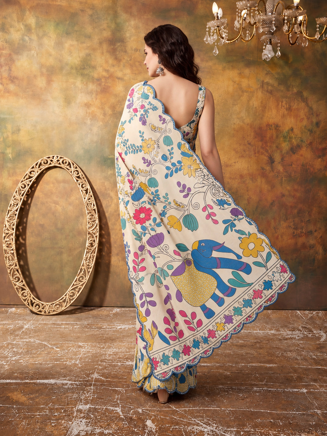 Women Lightweight Printed Beautiful Mirror Work Border Saree With Unstitched Blouse Piece