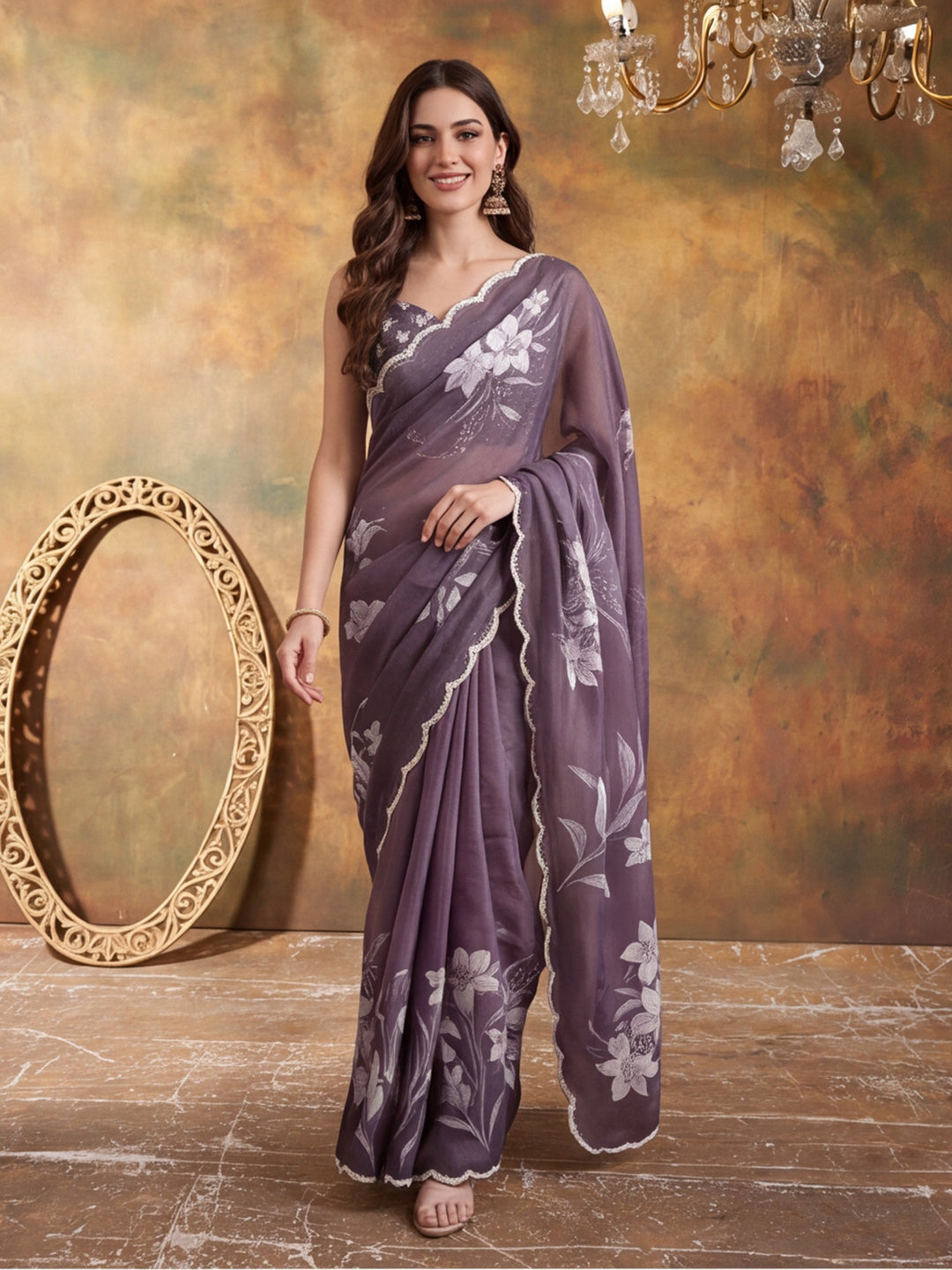 Women Lightweight Printed Beautiful Mirror Work Border Saree With Unstitched Blouse Piece