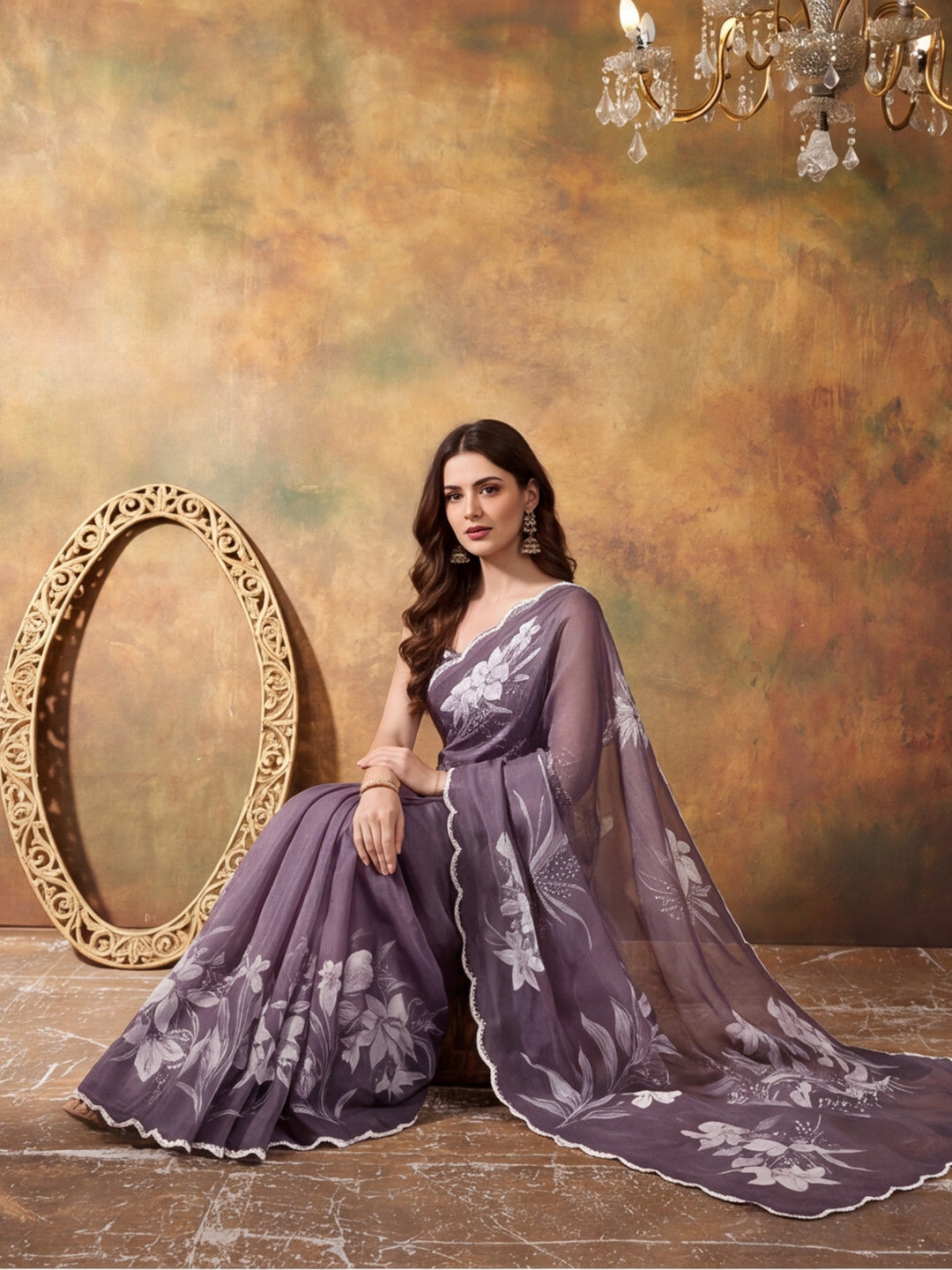 Women Lightweight Printed Beautiful Mirror Work Border Saree With Unstitched Blouse Piece