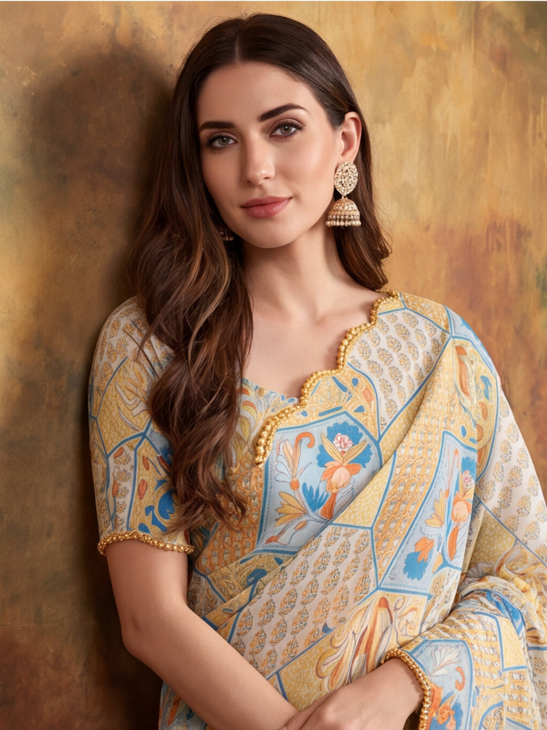 Women Lightweight Printed Beautiful Mirror Work Border Saree With Unstitched Blouse Piece