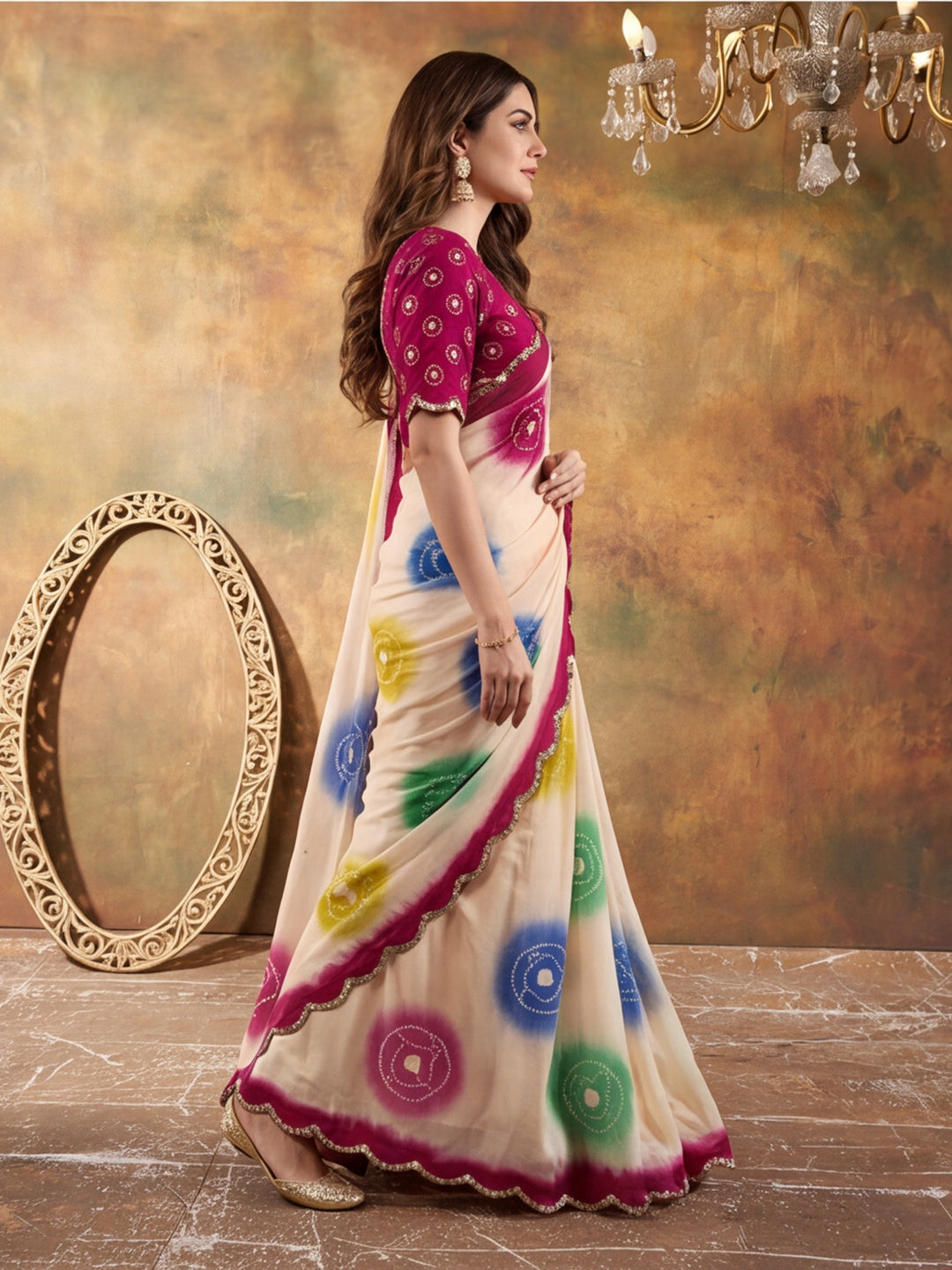 Women Lightweight Printed Beautiful Mirror Work Border Saree With Unstitched Blouse Piece