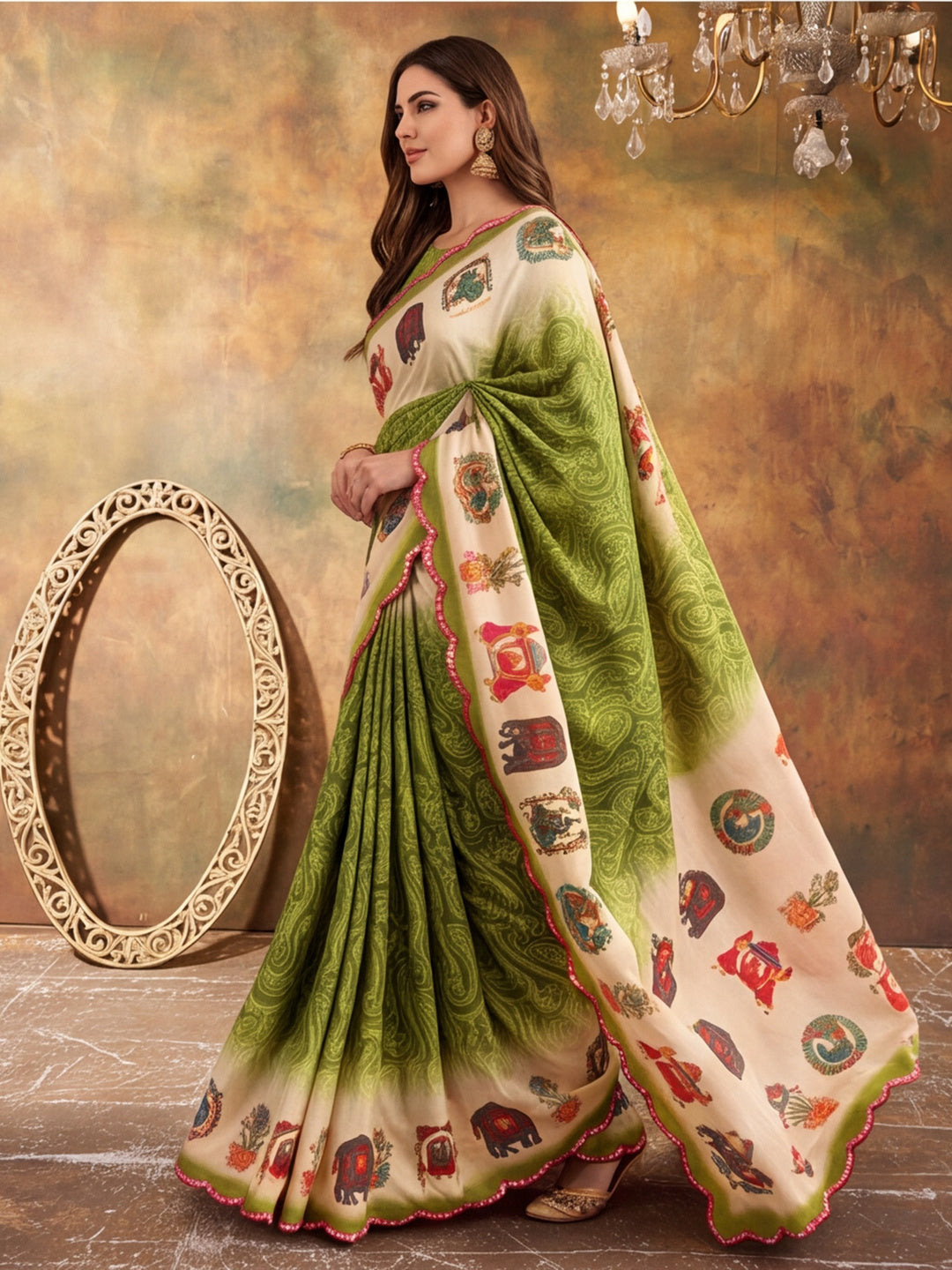 Women Lightweight Printed Beautiful Mirror Work Border Saree With Unstitched Blouse Piece