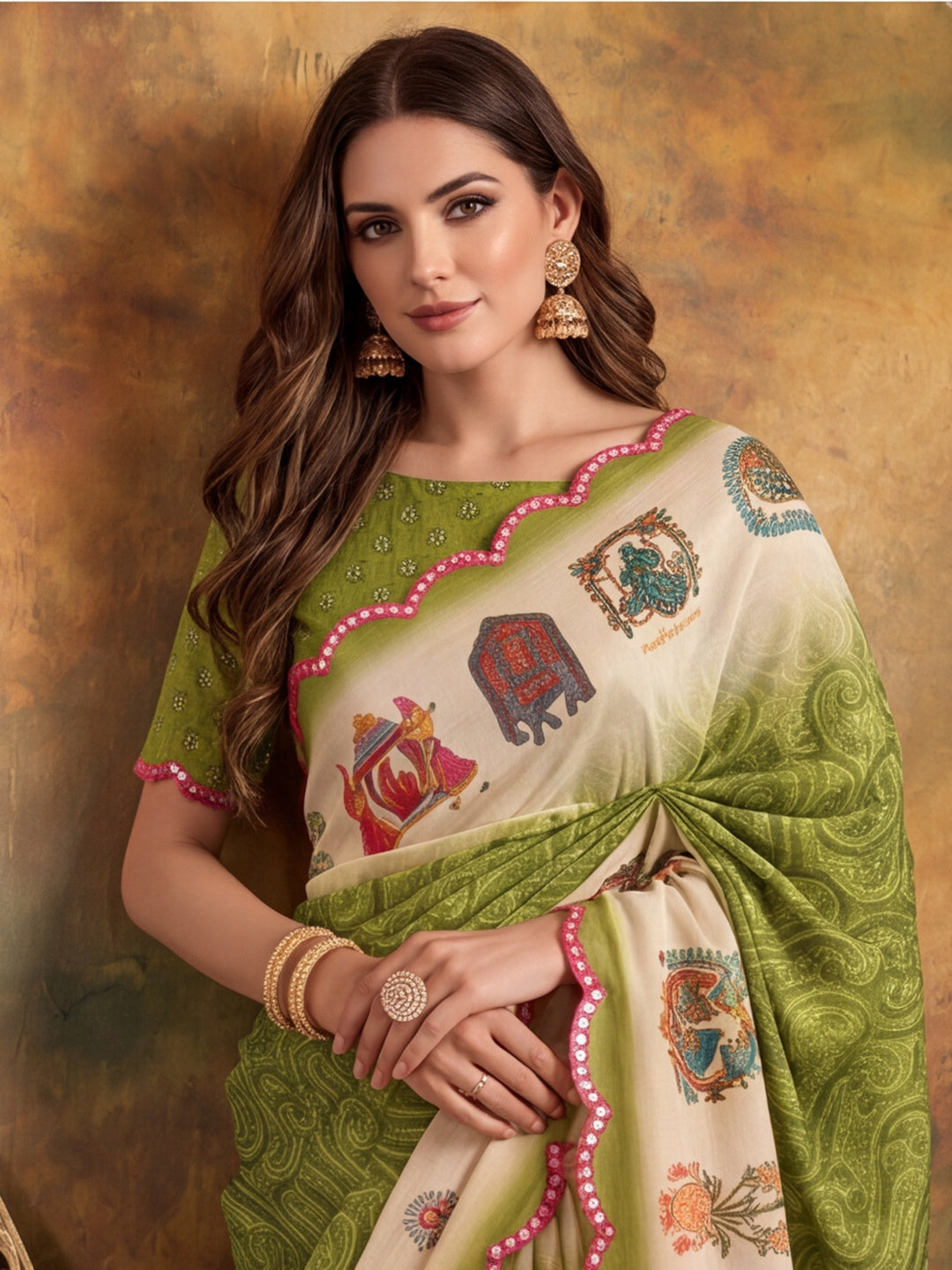 Women Lightweight Printed Beautiful Mirror Work Border Saree With Unstitched Blouse Piece
