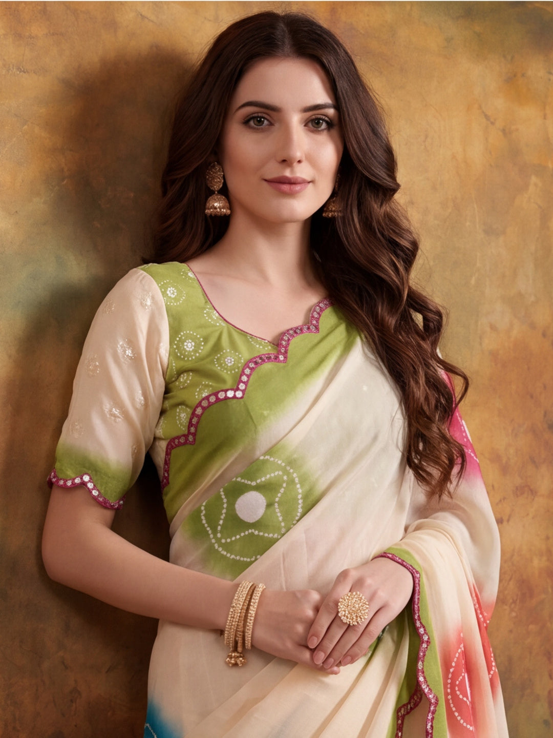 Women Lightweight Printed Beautiful Mirror Work Border Saree With Unstitched Blouse Piece