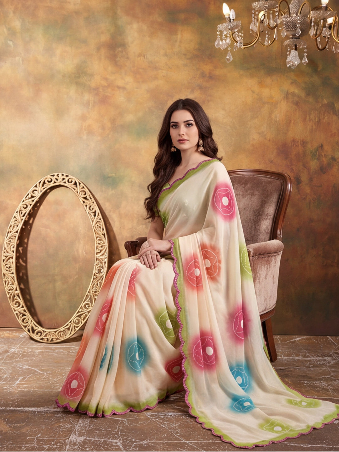 Women Lightweight Printed Beautiful Mirror Work Border Saree With Unstitched Blouse Piece
