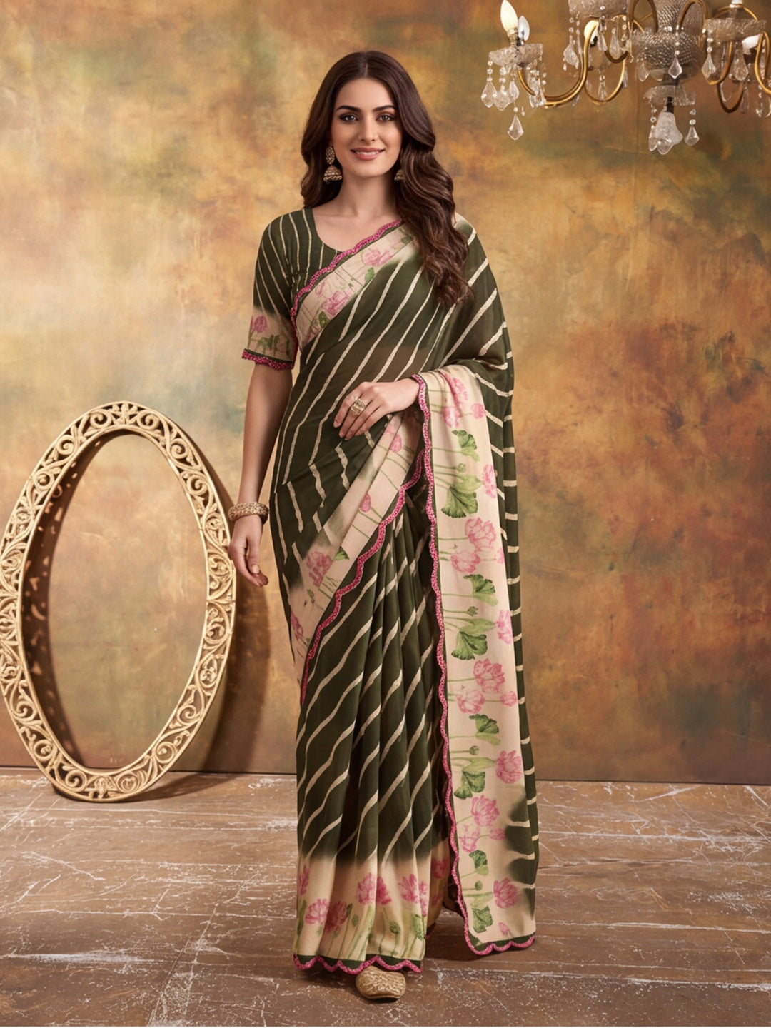 Women Lightweight Printed Beautiful Mirror Work Border Saree With Unstitched Blouse Piece