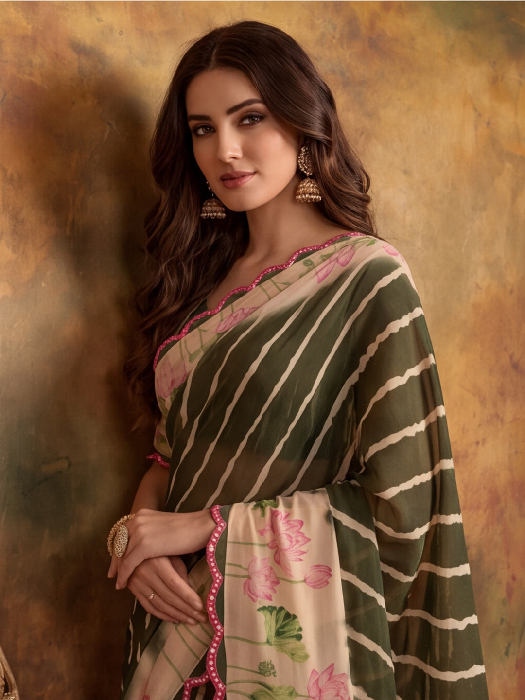 Women Lightweight Printed Beautiful Mirror Work Border Saree With Unstitched Blouse Piece