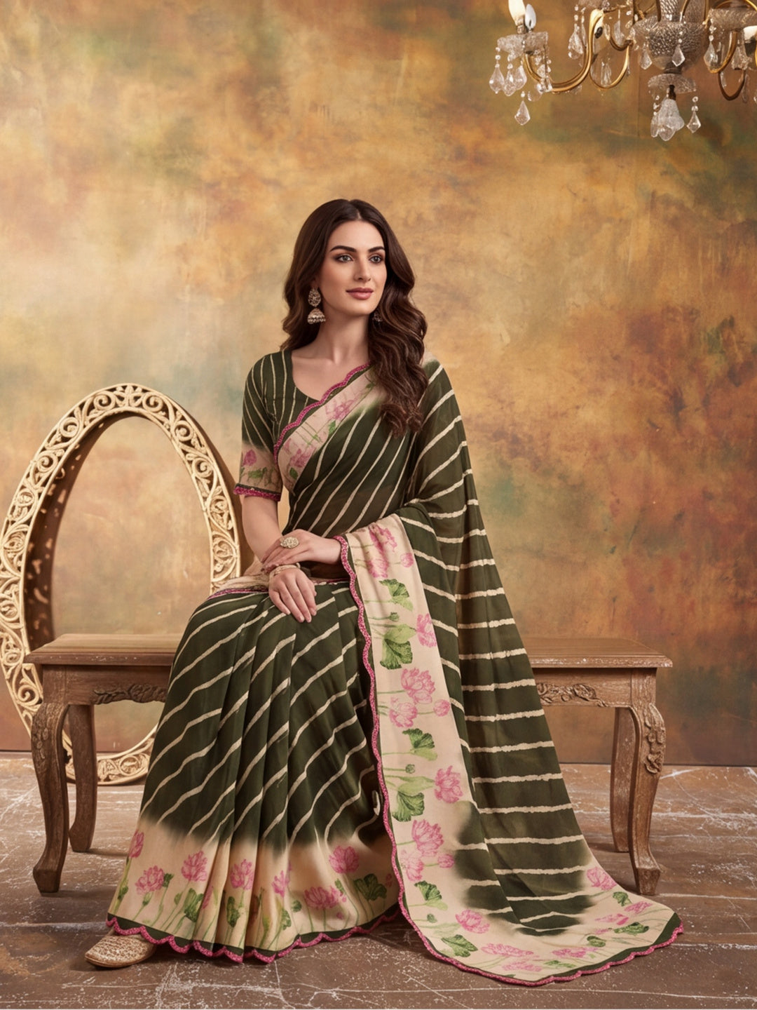 Women Lightweight Printed Beautiful Mirror Work Border Saree With Unstitched Blouse Piece