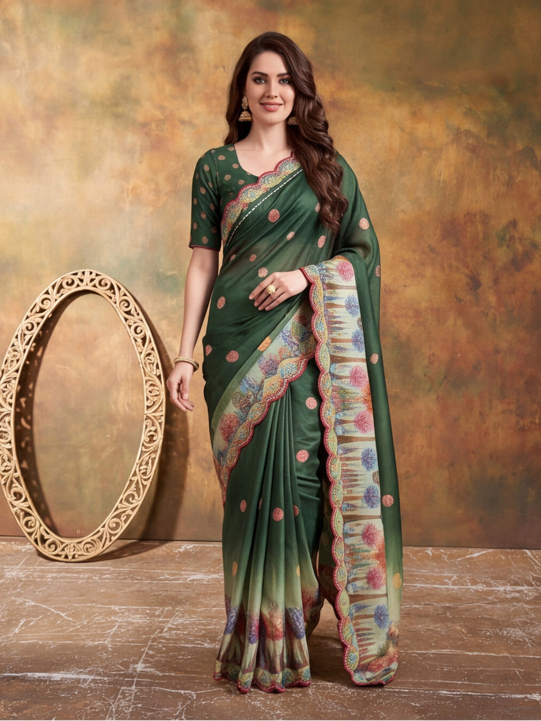 Women Lightweight Printed Beautiful Mirror Work Border Saree With Unstitched Blouse Piece
