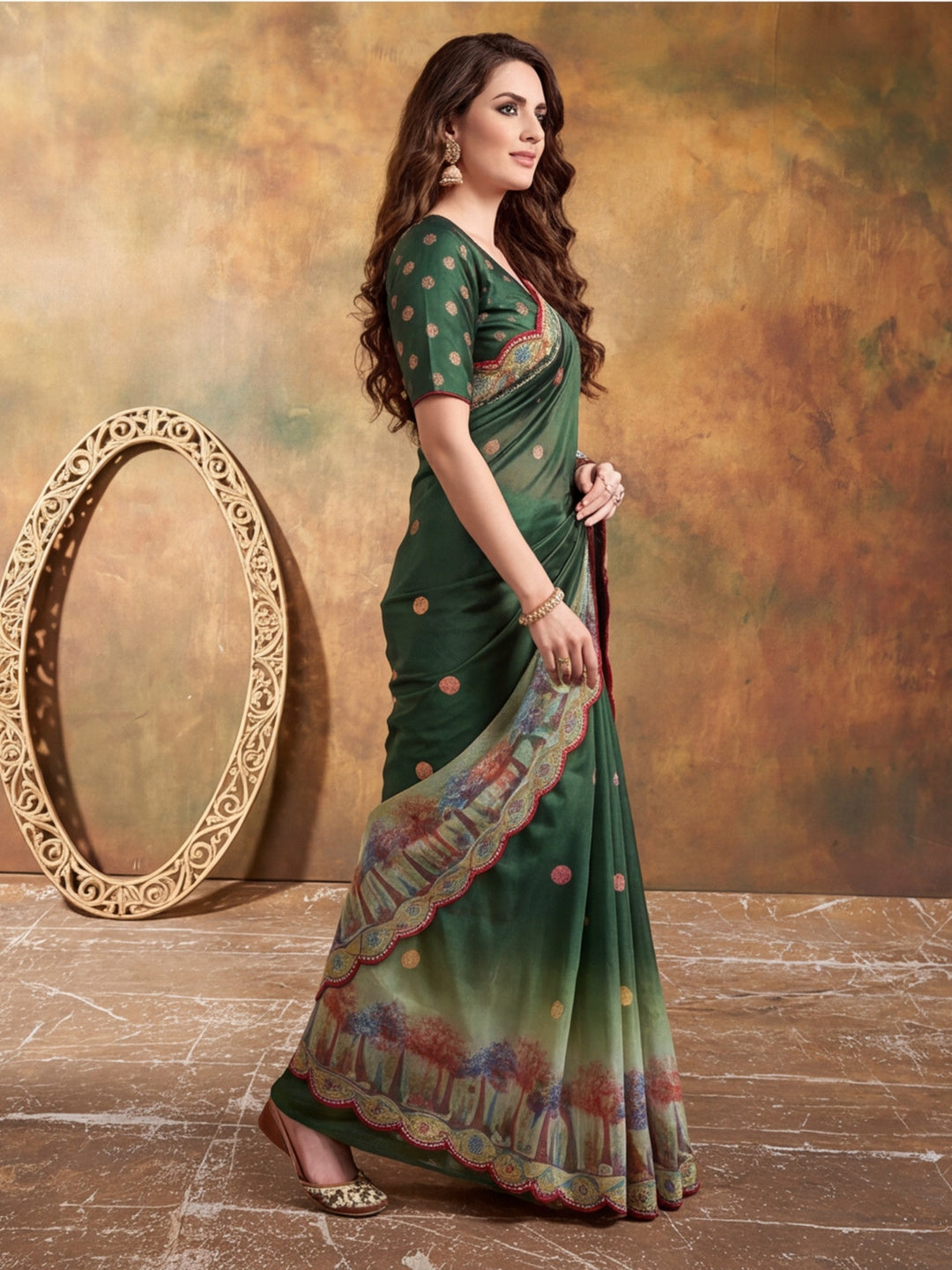 Women Lightweight Printed Beautiful Mirror Work Border Saree With Unstitched Blouse Piece