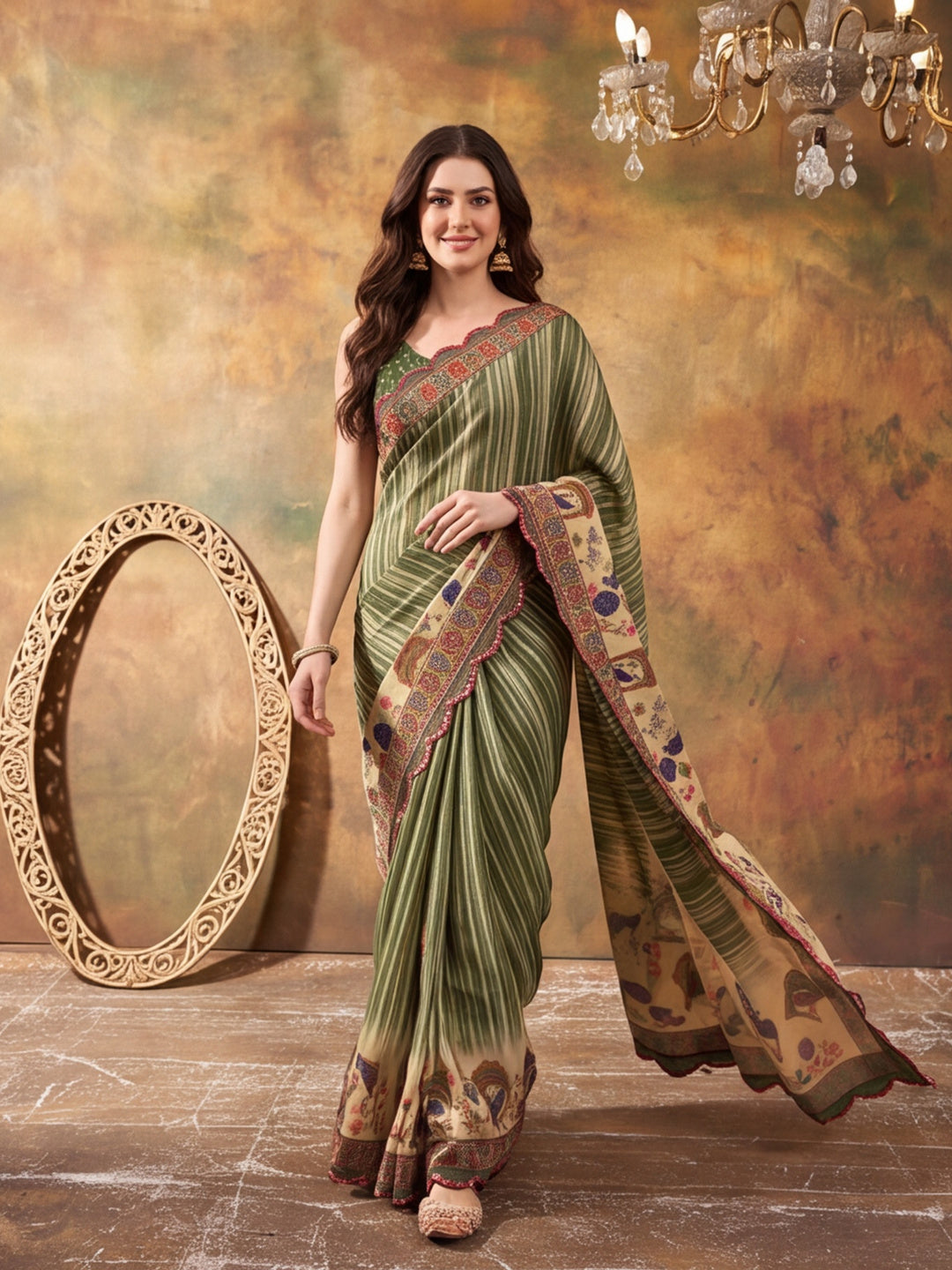 Women Lightweight Printed Beautiful Mirror Work Border Saree With Unstitched Blouse Piece