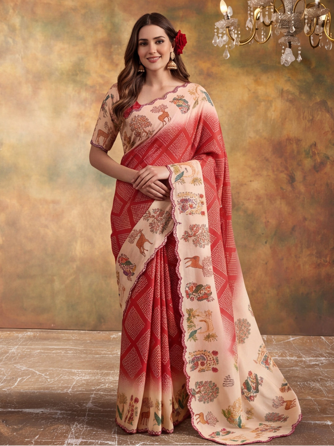 Women Lightweight Printed Beautiful Mirror Work Border Saree With Unstitched Blouse Piece
