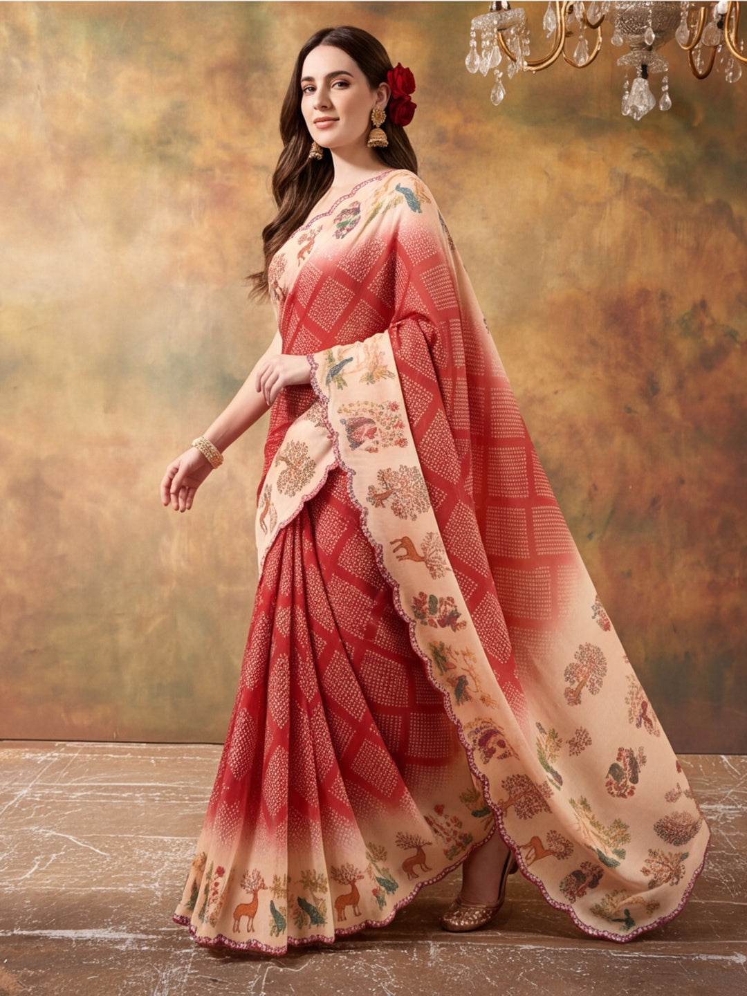 Women Lightweight Printed Beautiful Mirror Work Border Saree With Unstitched Blouse Piece