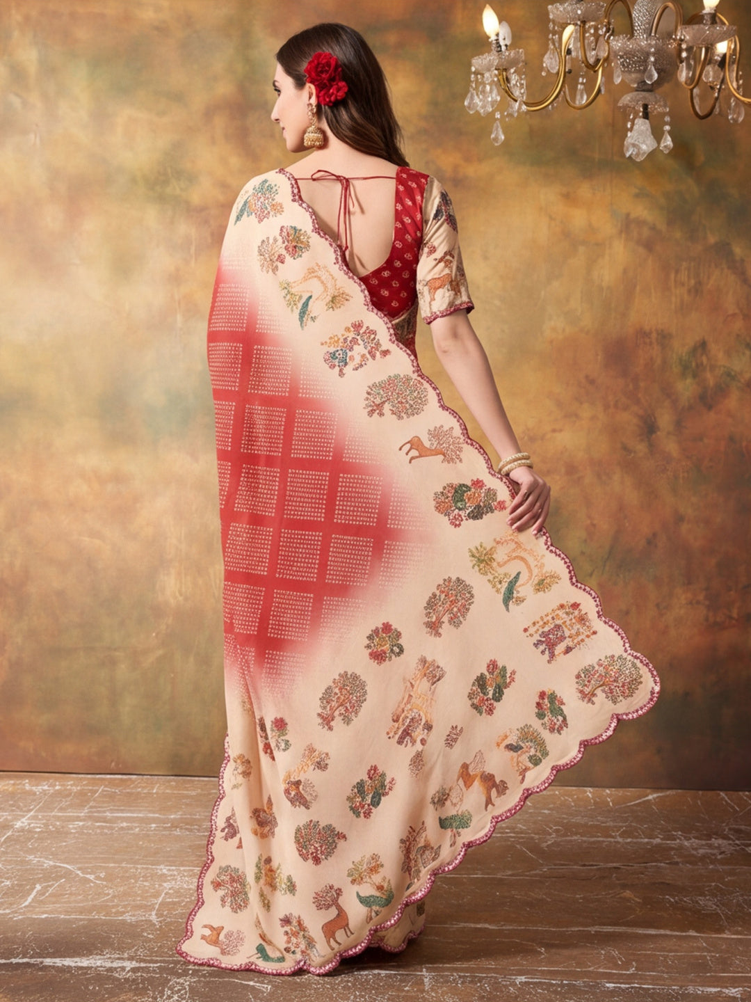 Women Lightweight Printed Beautiful Mirror Work Border Saree With Unstitched Blouse Piece