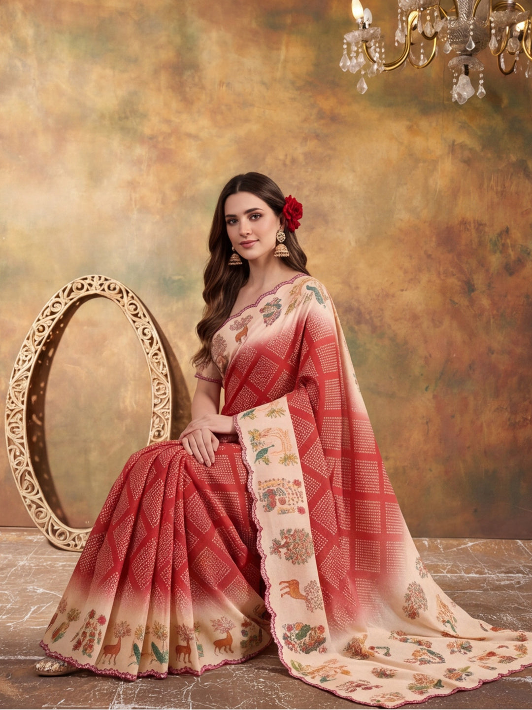 Women Lightweight Printed Beautiful Mirror Work Border Saree With Unstitched Blouse Piece