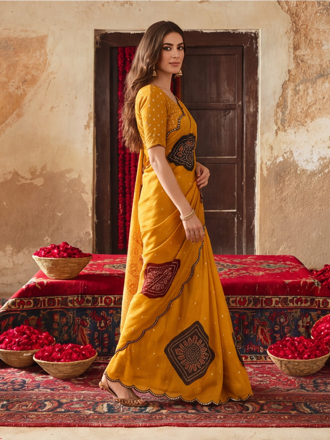 Women Lightweight Printed Beautiful Mirror Work Border Saree With Unstitched Blouse Piece