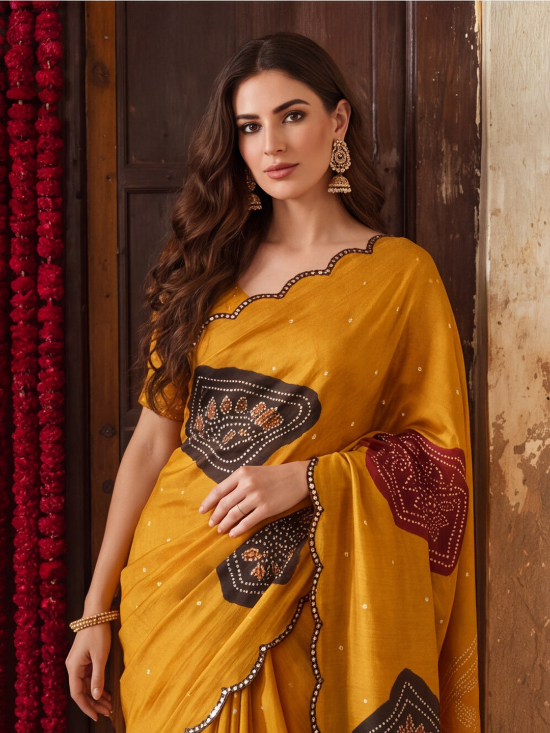 Women Lightweight Printed Beautiful Mirror Work Border Saree With Unstitched Blouse Piece