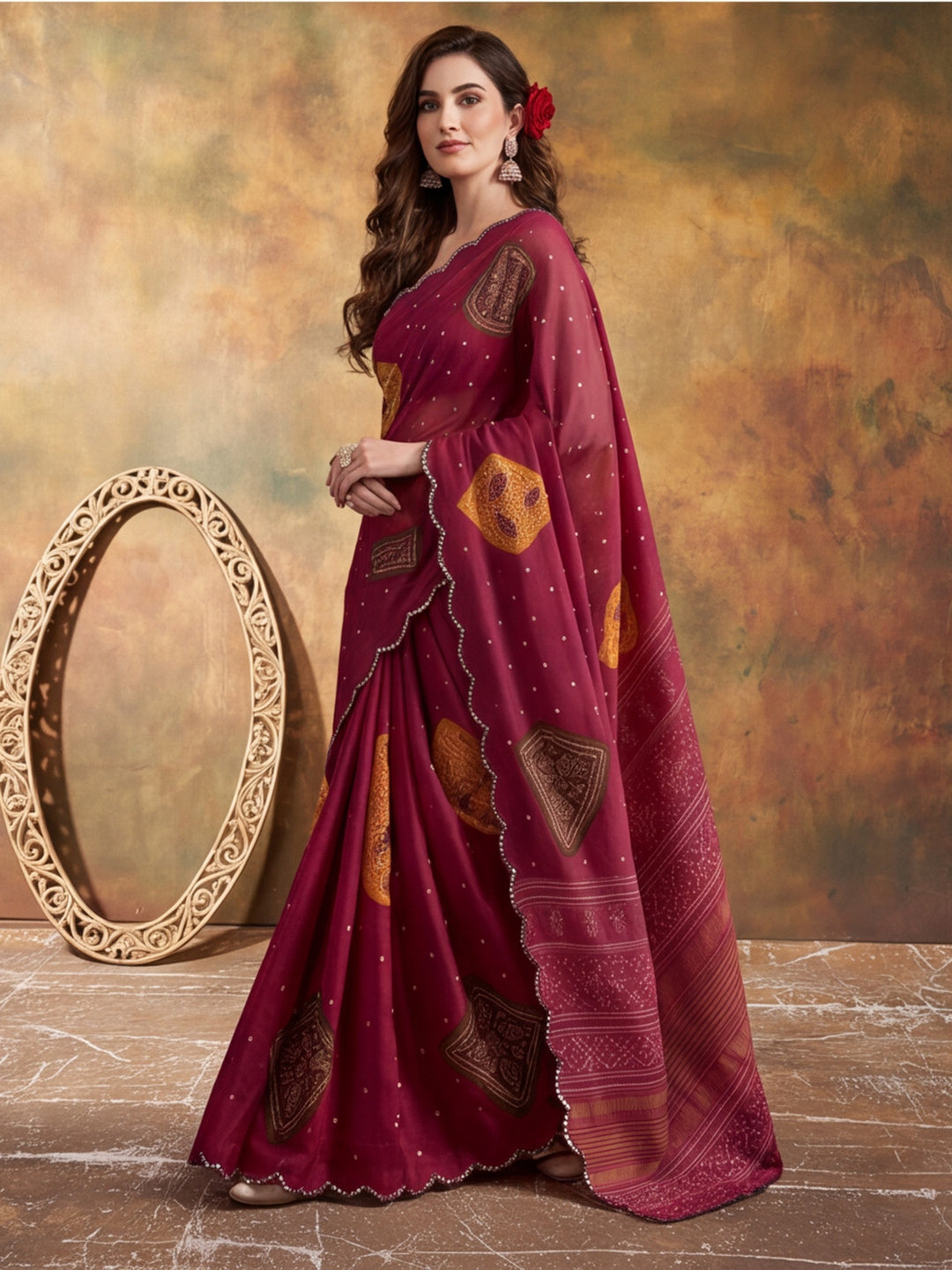 Women Lightweight Printed Beautiful Mirror Work Border Saree With Unstitched Blouse Piece