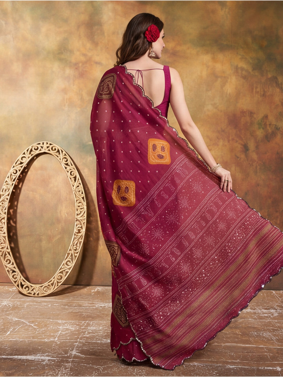 Women Lightweight Printed Beautiful Mirror Work Border Saree With Unstitched Blouse Piece