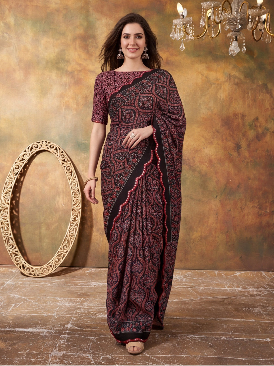 Women Lightweight Printed Beautiful Mirror Work Border Saree With Unstitched Blouse Piece