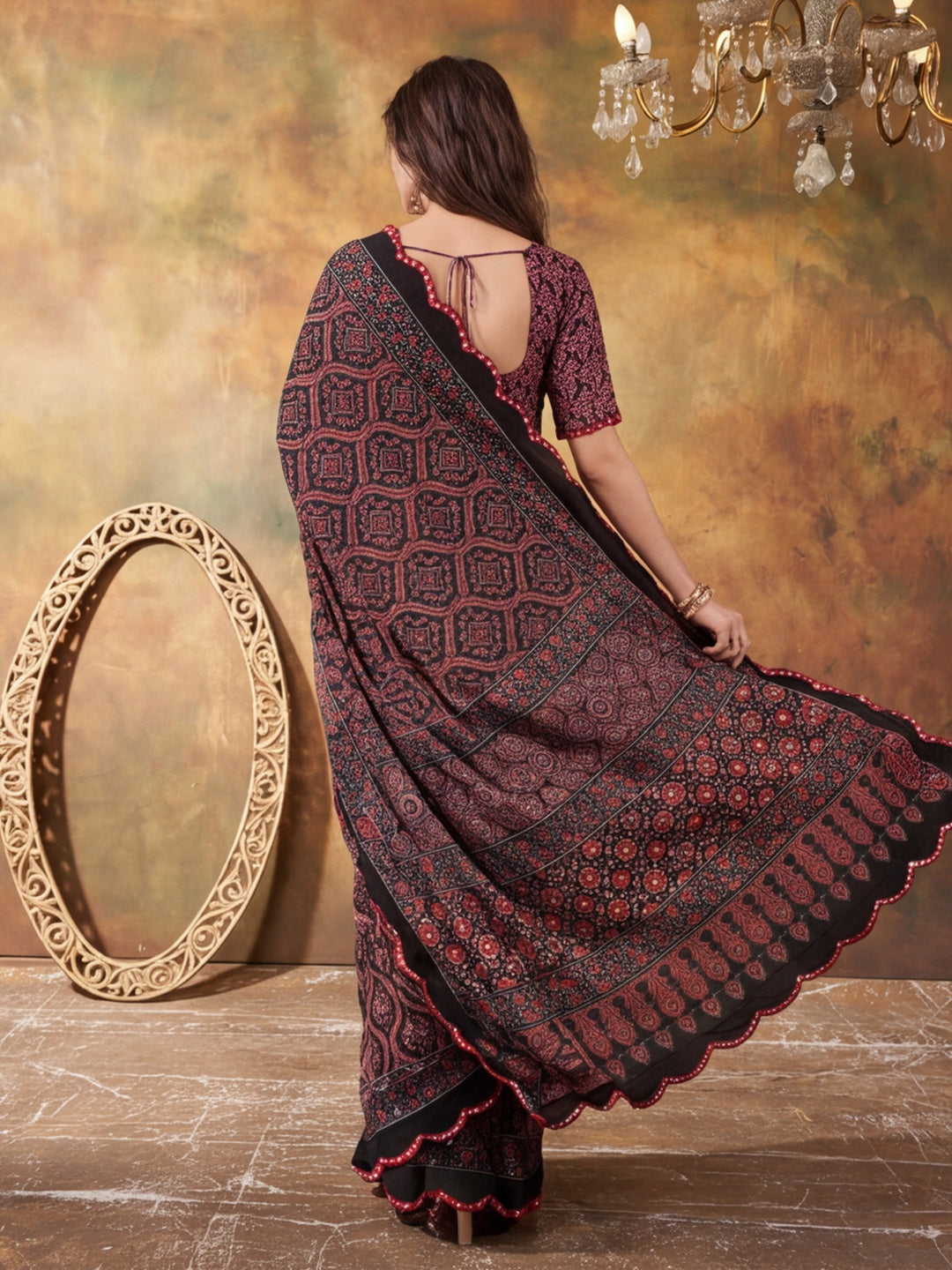 Women Lightweight Printed Beautiful Mirror Work Border Saree With Unstitched Blouse Piece