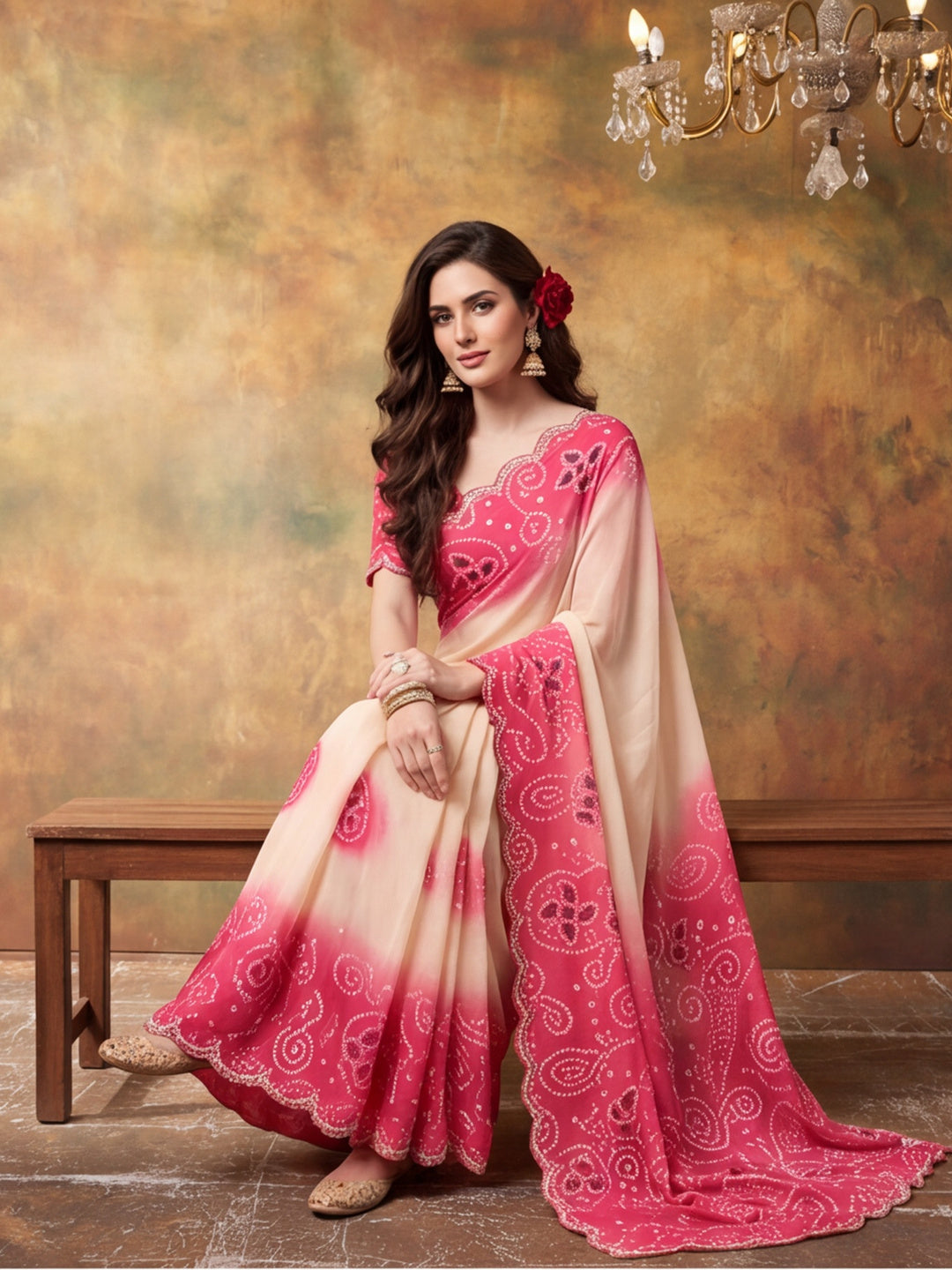 Women Lightweight Printed Beautiful Mirror Work Border Saree With Unstitched Blouse Piece