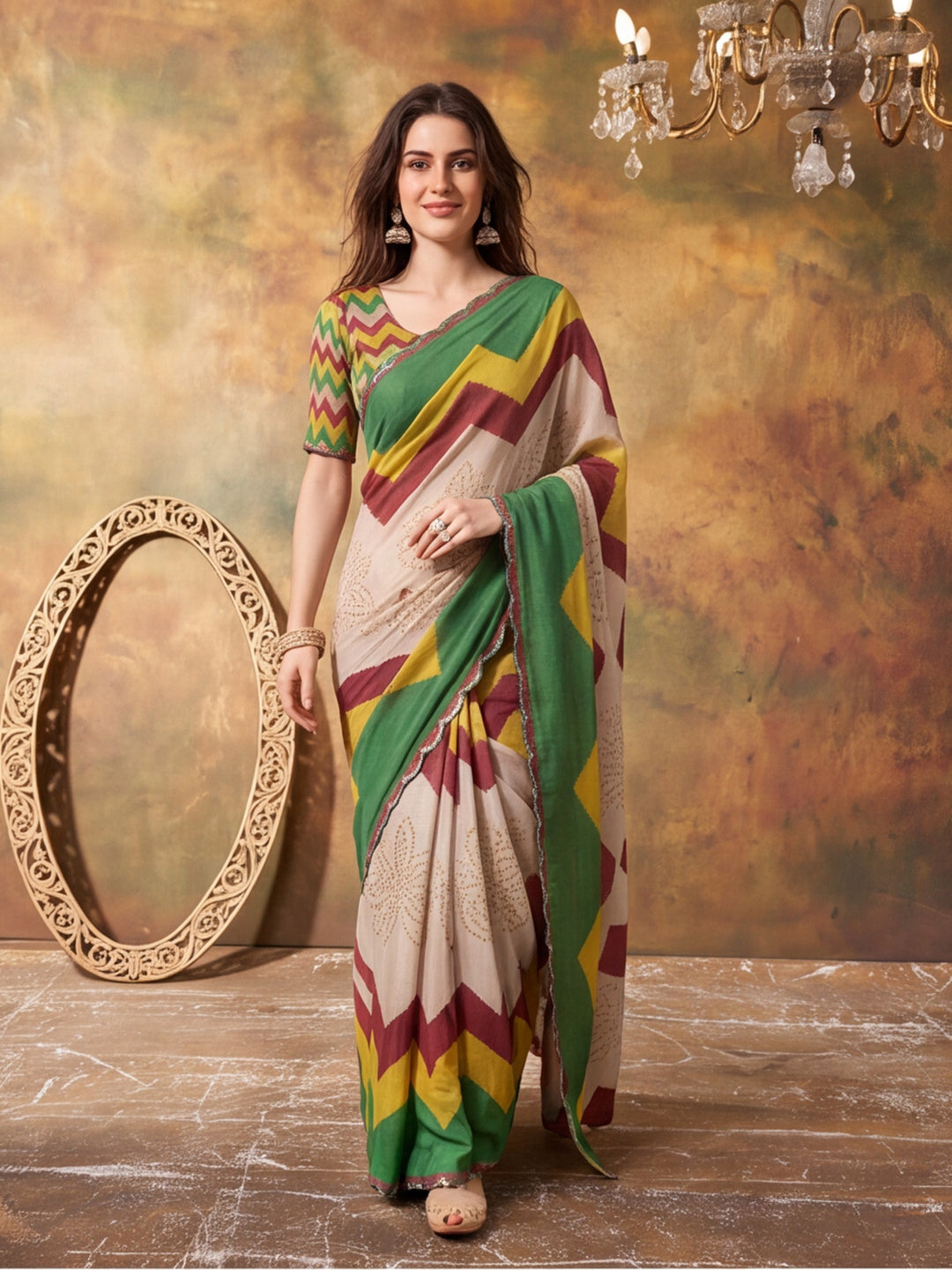 Women Lightweight Printed Beautiful Mirror Work Border Saree With Unstitched Blouse Piece