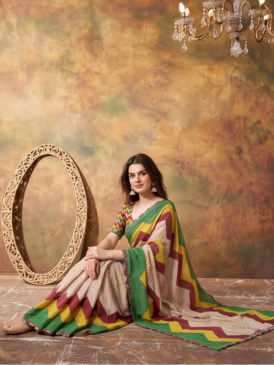 Women Lightweight Printed Beautiful Mirror Work Border Saree With Unstitched Blouse Piece