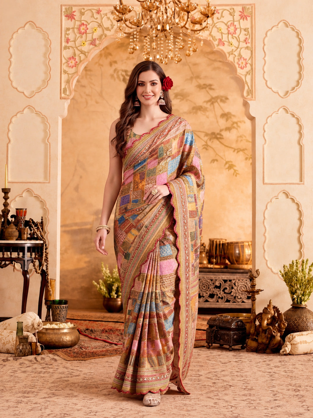 Women Lightweight Printed Beautiful Mirror Work Border Saree With Unstitched Blouse Piece