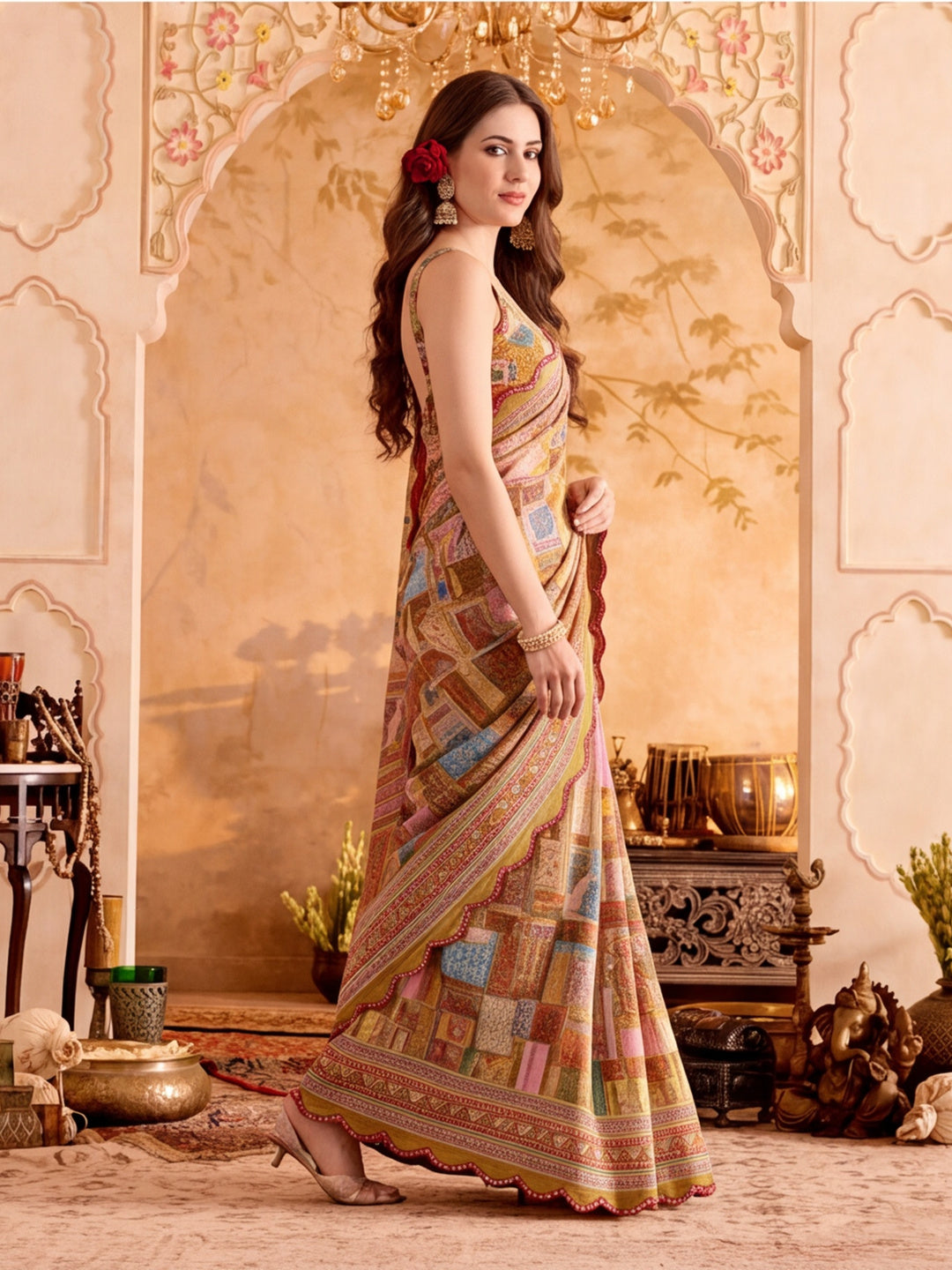 Women Lightweight Printed Beautiful Mirror Work Border Saree With Unstitched Blouse Piece