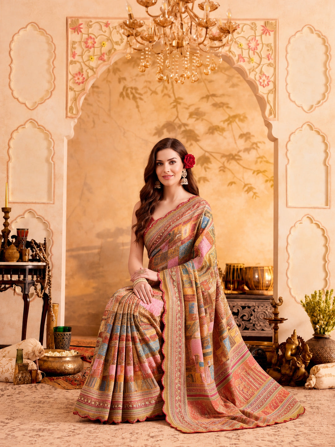 Women Lightweight Printed Beautiful Mirror Work Border Saree With Unstitched Blouse Piece
