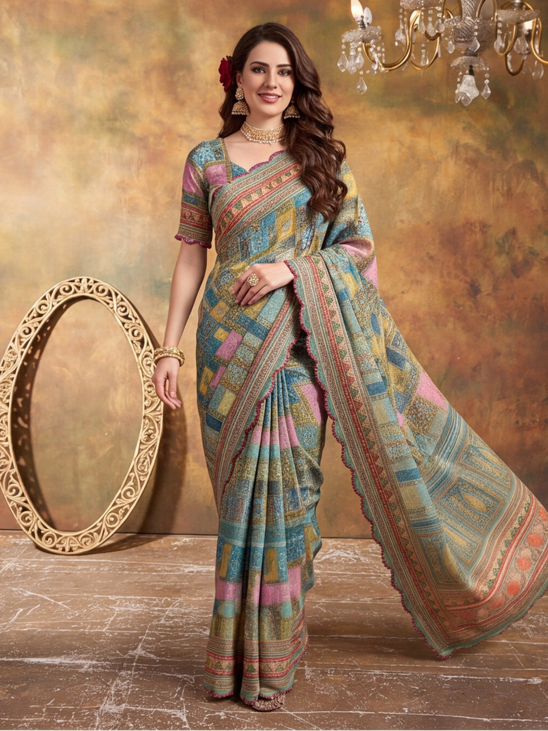 Women Lightweight Printed Beautiful Mirror Work Border Saree With Unstitched Blouse Piece