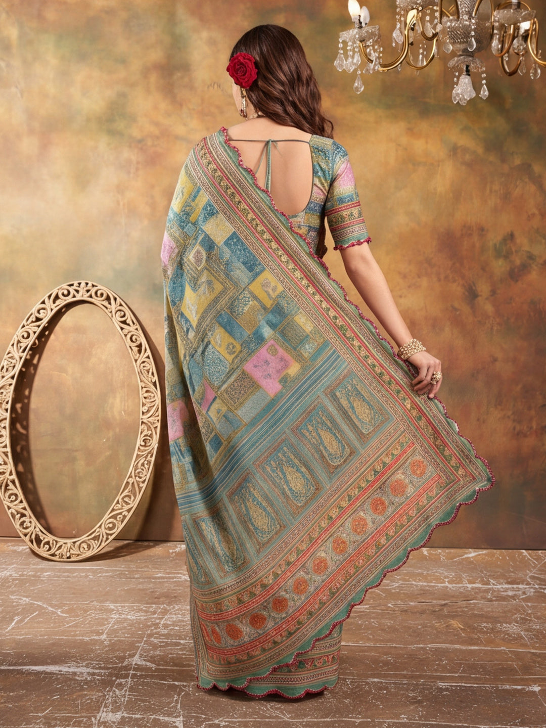 Women Lightweight Printed Beautiful Mirror Work Border Saree With Unstitched Blouse Piece